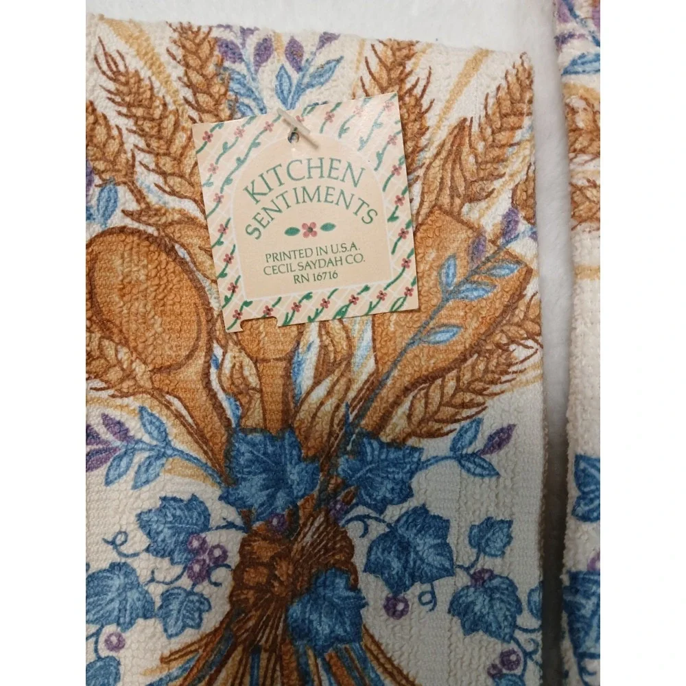NWT VTG 80s Kitchen Sentiments‎ Blue Harvest Wheat Pot Holders & Towels Set